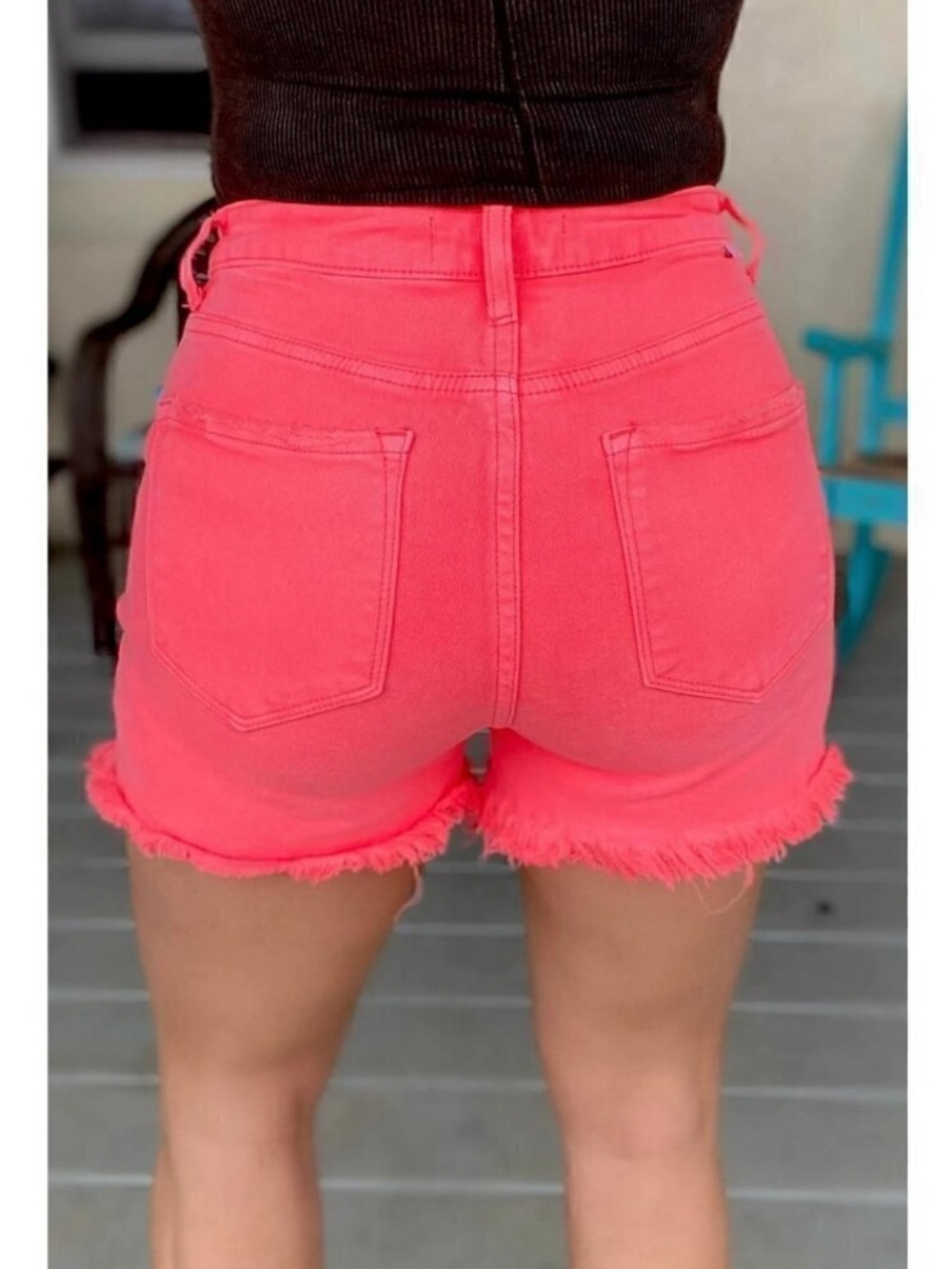Risen Asymmetrical Distressed Shorts in Coral Pink size small - Picture 2 of 2